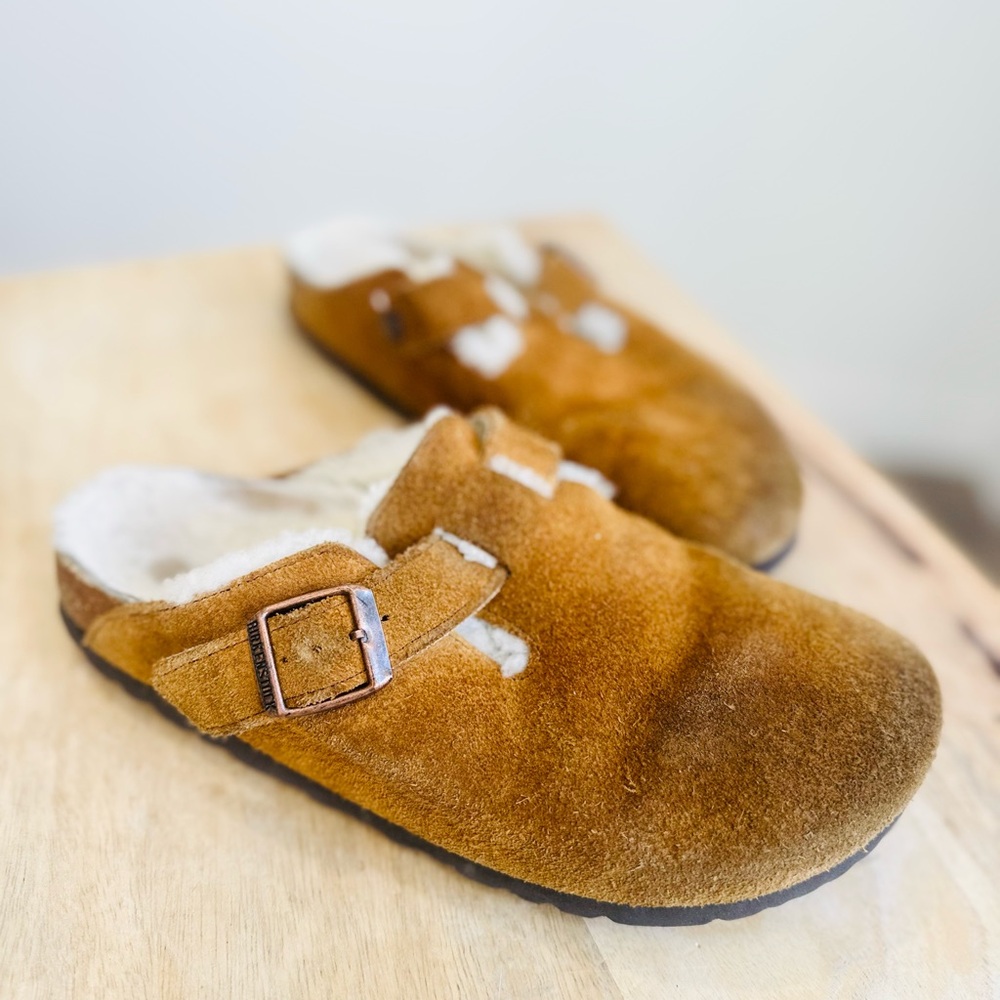 Birkenstock brown leather suede shearling Boston clogs 37